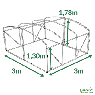 serre d'une hauteur de moins d'1,80m à pieds droits de 9m2