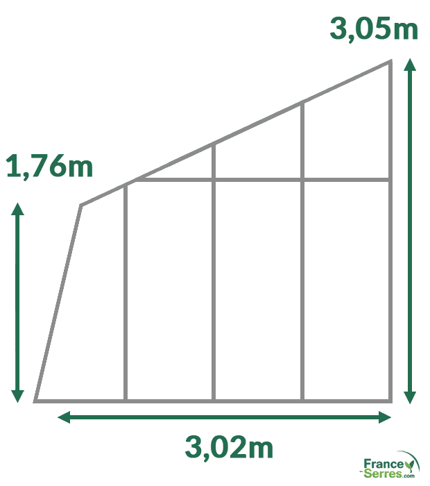 dimensions serre en verre adossée oblique 3,02m de large