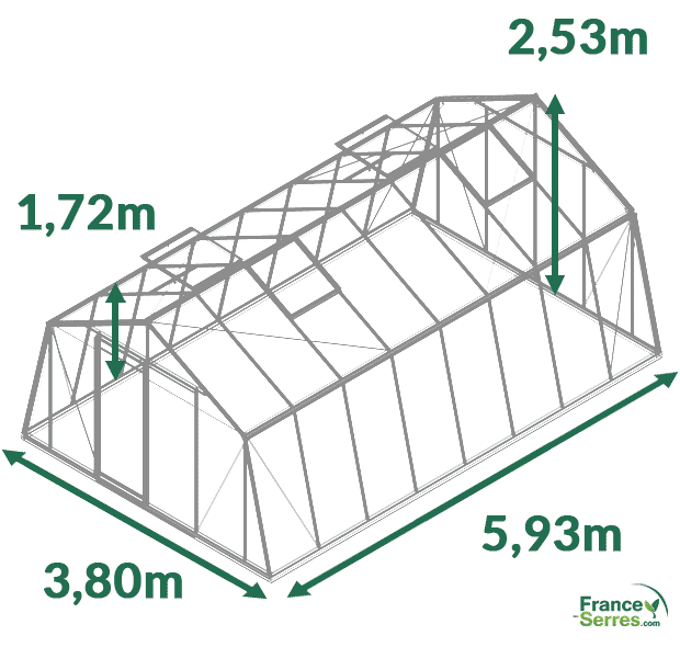 dimensions serre en verre oblique 22,53 m² aluline